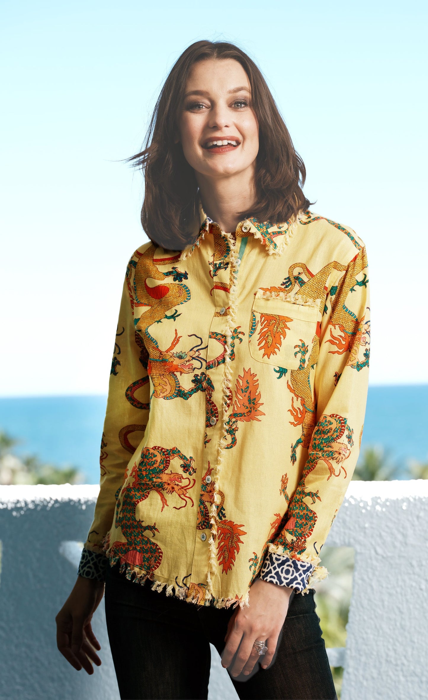 Cape Cod Top Butter Yellow Dragon Print On Cotton Linen