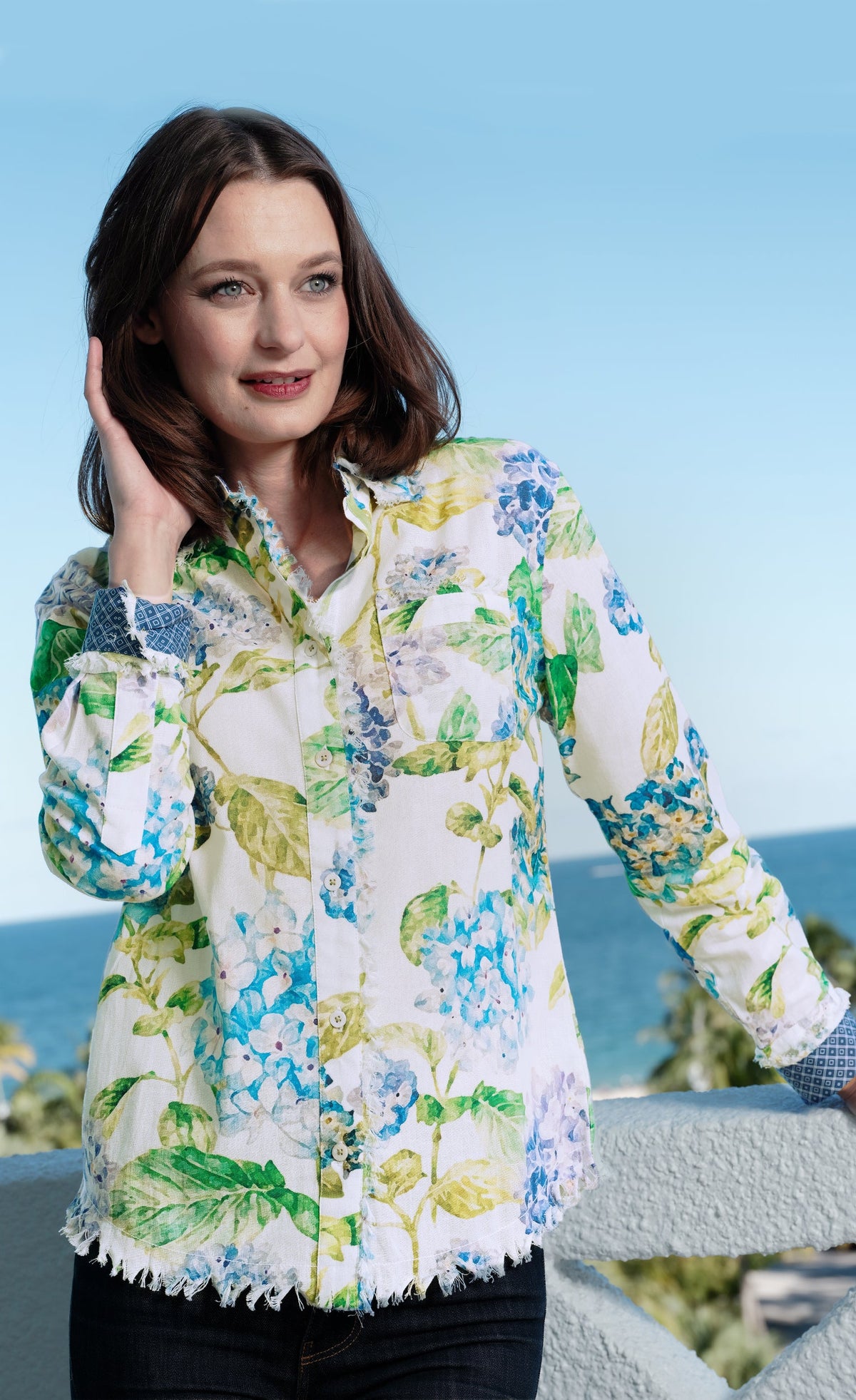 Cape Cod Top Linen Cotton Hydrangea Print Top