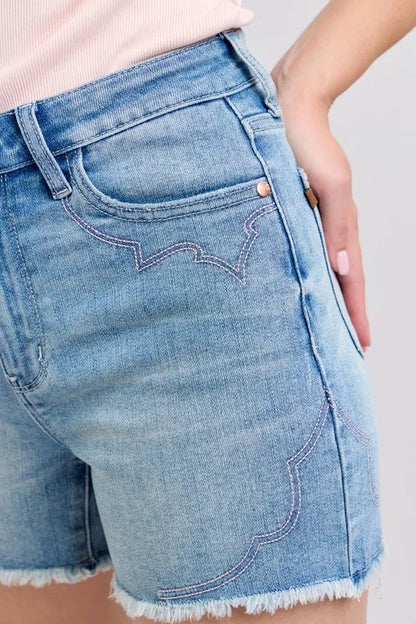 Judy Blue Full Size High Waist Western Embroidery Detail Cut Off Denim Shorts Plus Size