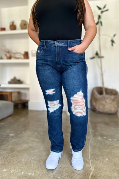 JUDY BLUE HIGH WAIST RIGID MAGIC HEAVY DESTROY STRAIGHT JEANS
