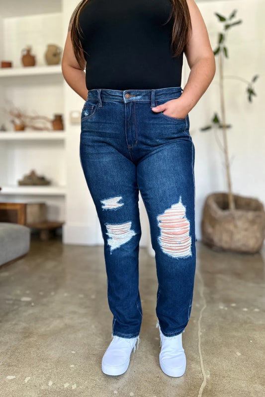 JUDY BLUE HIGH WAIST RIGID MAGIC HEAVY DESTROY STRAIGHT JEANS