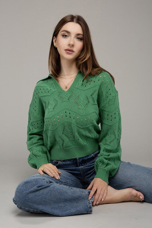 Hole-knit collared sweater