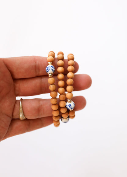 Cypress Wood || 14K Gold Filled + Vintage Flowers || Beaded Bracelet