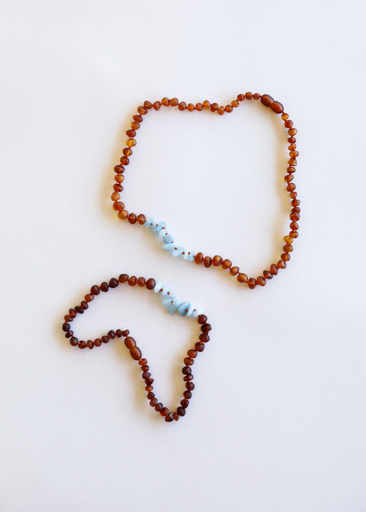 Raw Cognac Baltic Amber + Aquamarine  || Necklace Set
