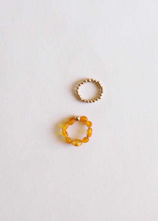 Raw Honey Baltic Amber + 14K Gold Filled || Beaded Ring Stack