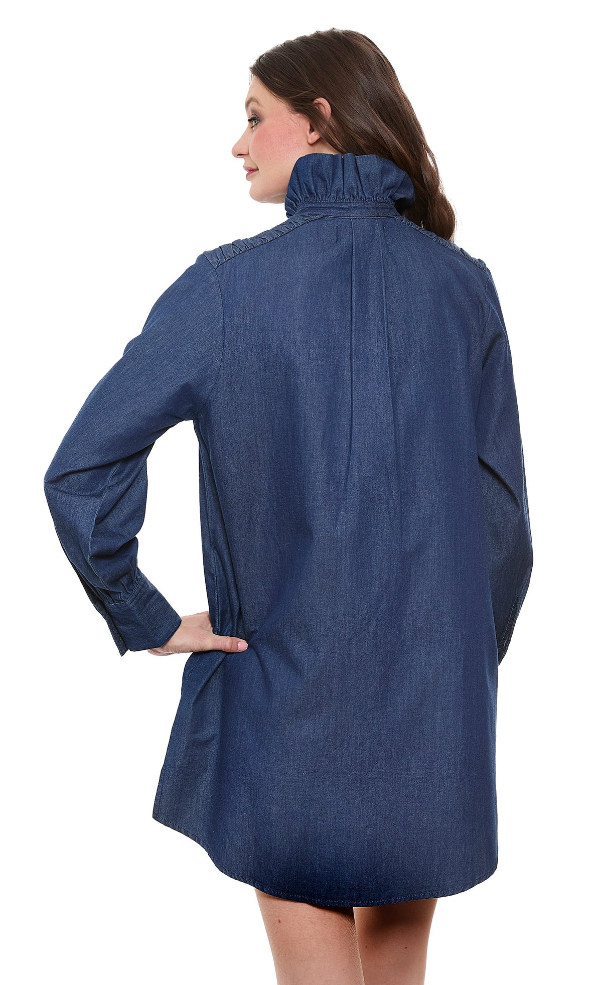 Denim Tunic with Ruffle Neck and Side Pockets