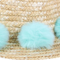 Straw Boater Pom Pom Hat in Beige and Turquoise