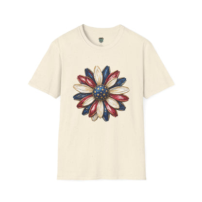 PATRIOTIC SUNFLOWER TSHIRT - RED, WHITE AND BLUE AMERICAN FLAG FLORAL GRAPHIC TEE