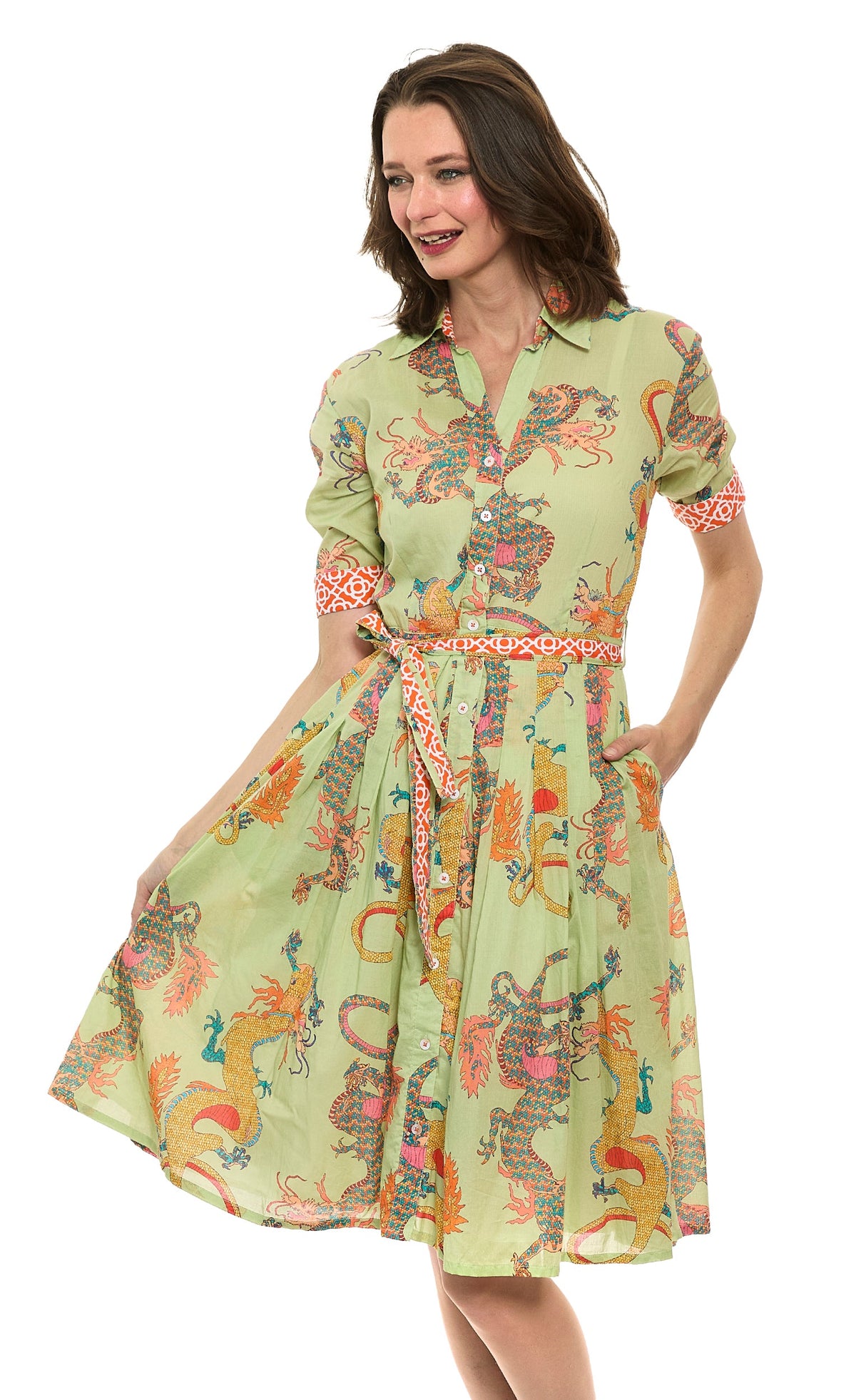 Mrs Maisel Dress Soft Green Dragon Print Cotton Voile