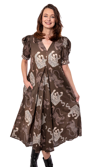 Montauk Dress Chocolate Ground with Cats