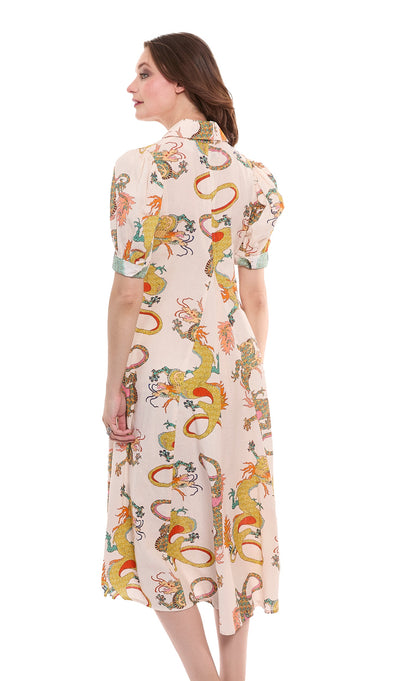 Montauk Dress Natural Dragon Print Cotton Linen