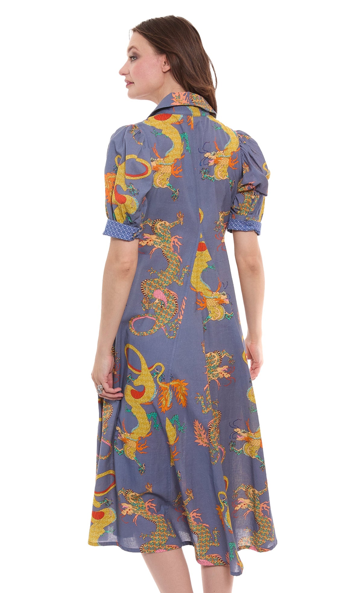 Montauk Dress Linen Cotton Blue Dragons Print