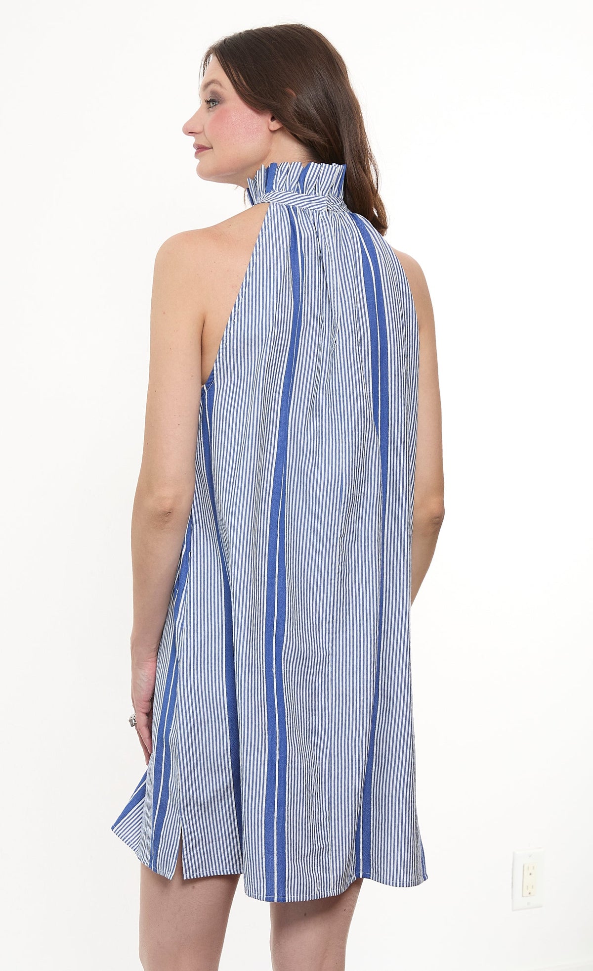 Gulf Coast Halter Dress Blue White Yarndyed Stripe