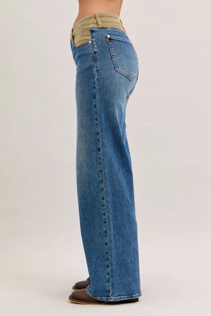 JUDY BLUE MR COLUMN STRAIGHT JEANS WITH CORDUROY WAIST