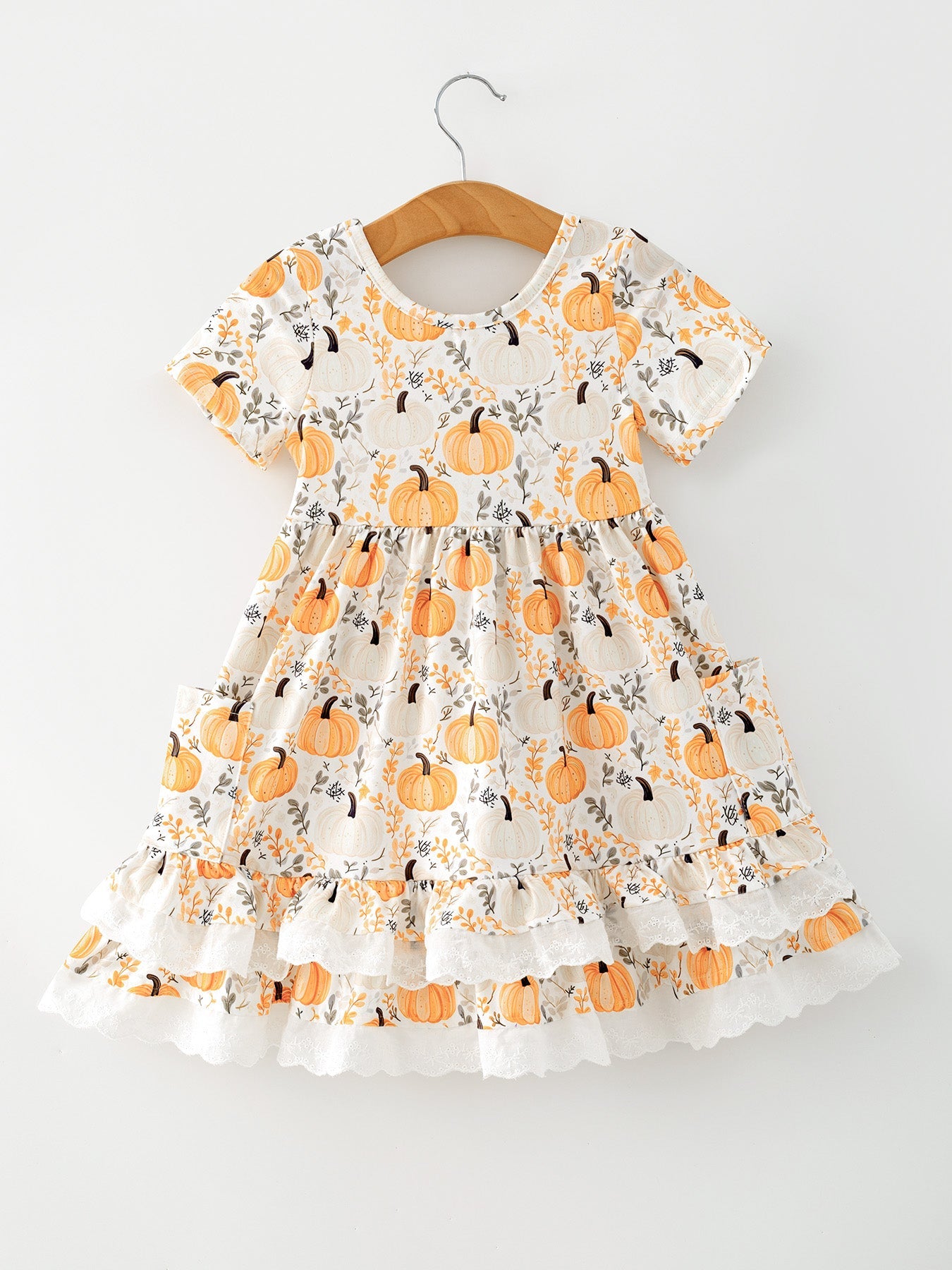 Fall Orange Girls Pumpkin Patch Pockets Dress Lace Trim