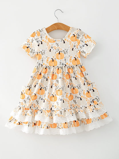Fall Orange Girls Pumpkin Patch Pockets Dress Lace Trim