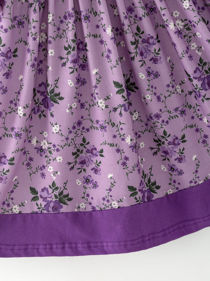 Purple Floral Girls Dress Bow Petal Collar Ruffle Hem Dress