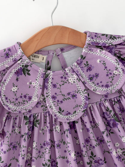 Purple Floral Girls Dress Bow Petal Collar Ruffle Hem Dress