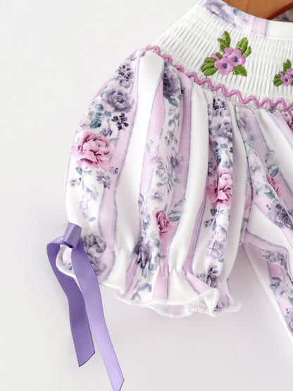 Fall Purple Floral Smocked Embroidered Baby Girl Romper