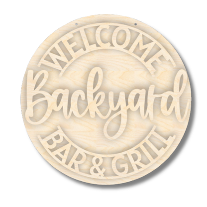 Unfinished Wood Backyard Bar and Grill Door Sign Kit | Wood Craft Cutouts | 1/4" Thick |