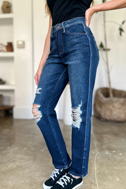 JUDY BLUE HIGH WAIST RIGID MAGIC HEAVY DESTROY STRAIGHT JEANS