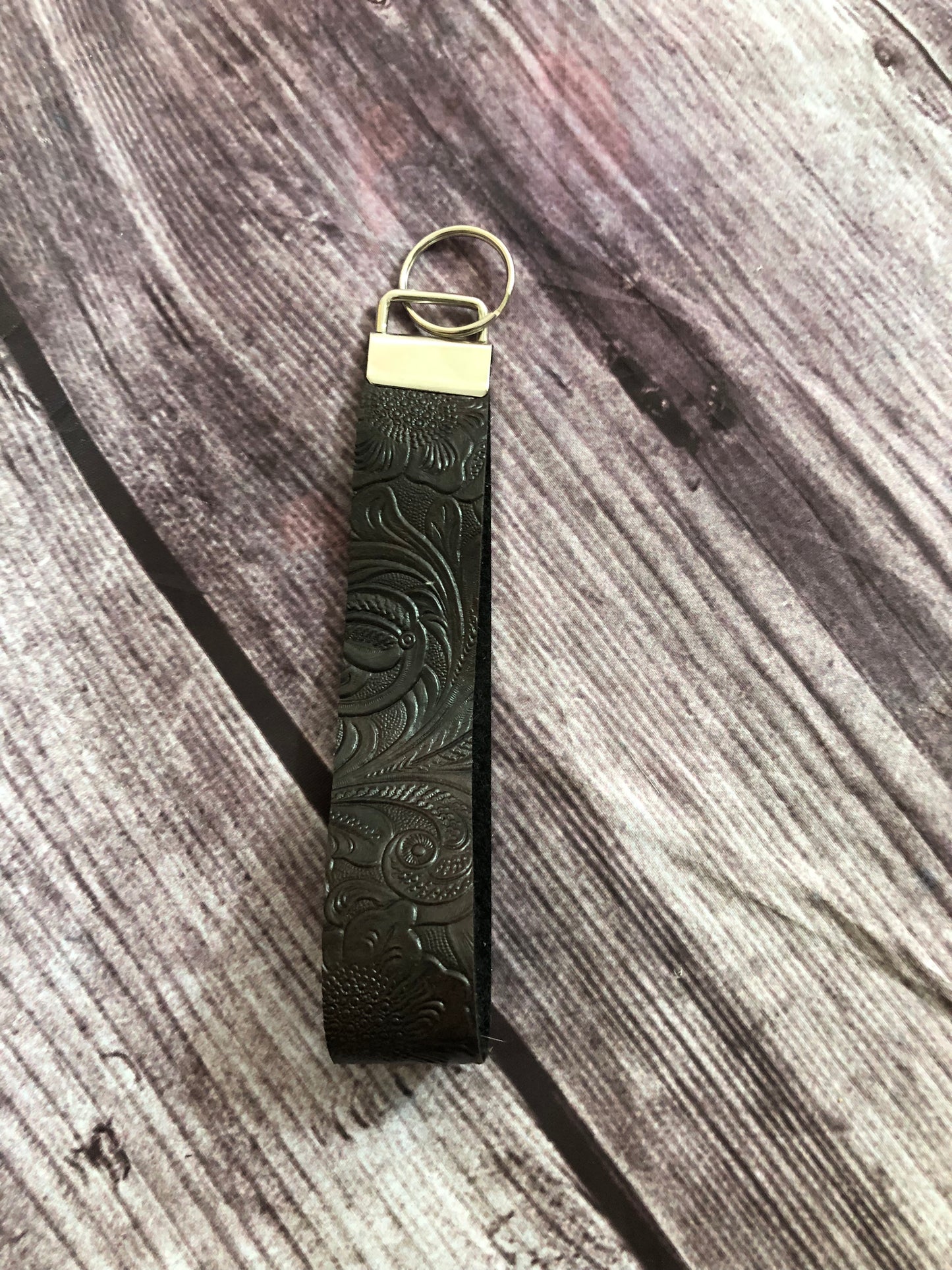 Black Tooled leather Wristlet keychain
