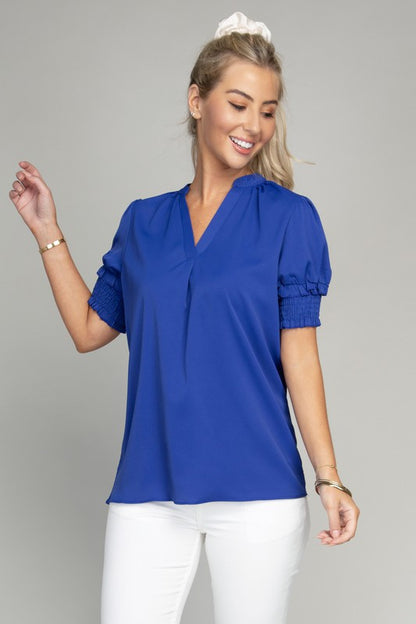 Stand collar blouse with puff sleeve