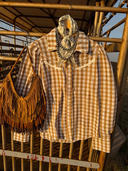 The Tan Gingham Pearl Snap Top-BEST SELLER