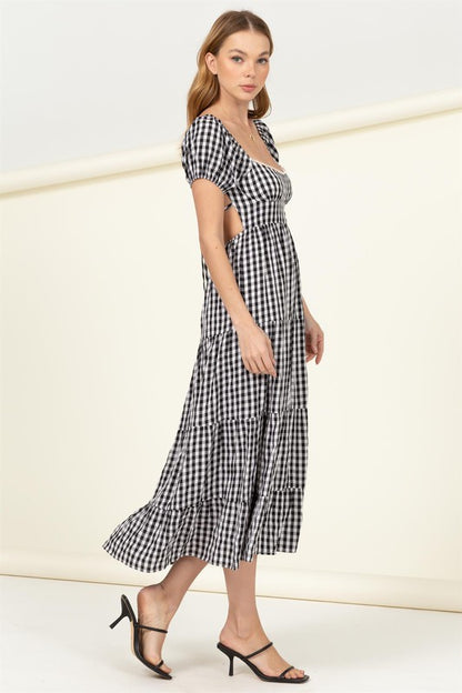 SOMEWHERE TO GO TIE-BACK GINGHAM PRINT MAXI DRESS