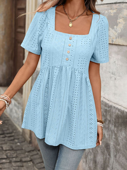 EYELET SQUARE NECK SHORT SLEEVE TOP