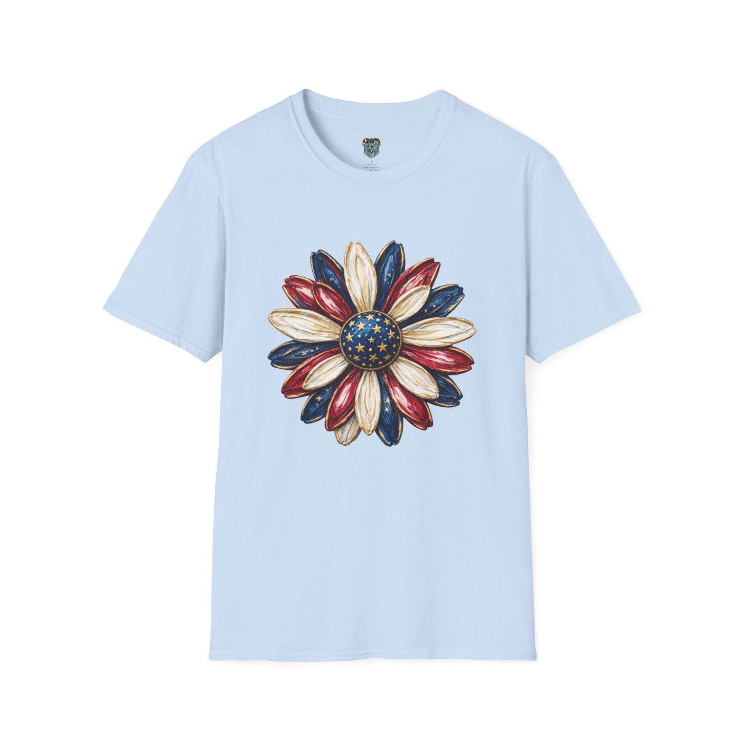 PATRIOTIC SUNFLOWER TSHIRT - RED, WHITE AND BLUE AMERICAN FLAG FLORAL GRAPHIC TEE