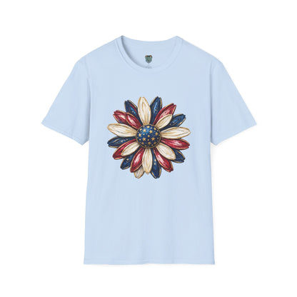 PATRIOTIC SUNFLOWER TSHIRT - RED, WHITE AND BLUE AMERICAN FLAG FLORAL GRAPHIC TEE