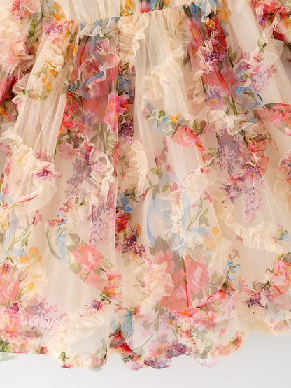 Pastel Flower Ruffle Layered Girls Dress