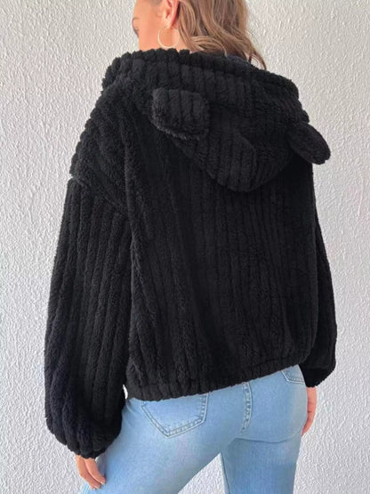 Teddy Bear Ear Hooded Fleece Outerwear