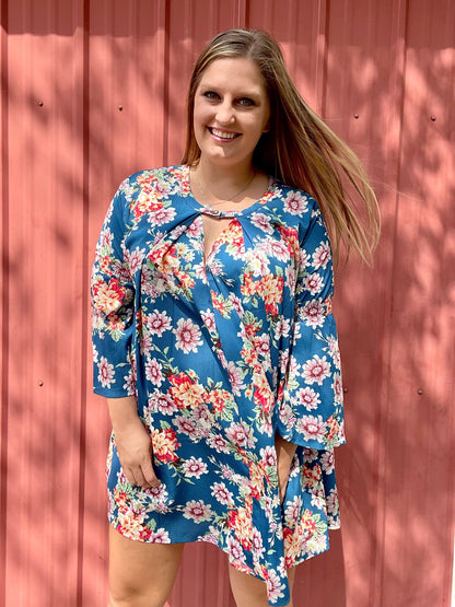 TEAL FLORAL KEYHOLE BELL SLEEVE DRESS- SALE