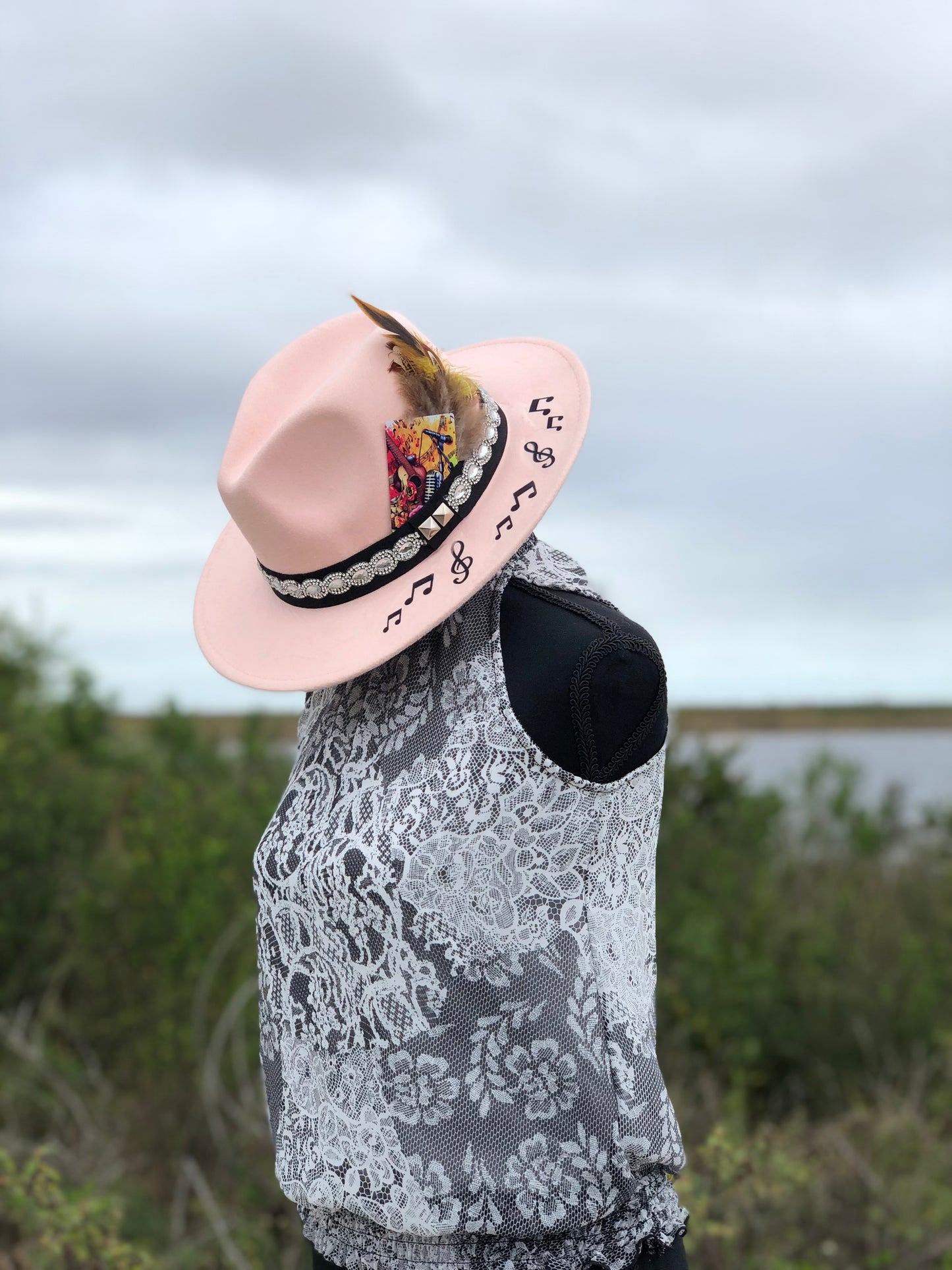 Pastel pink fedora with Rhinestone Western with feathers