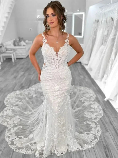 Boho Mermaid Wedding Dresses for Women  Open Back V-Neck Lace Spaghetti Strap Bridal Gown Vestidos De Novia Customized