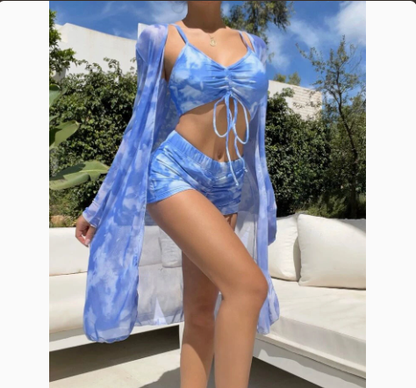 Mesh Cover-Up Three-Piece Swimwear Set – Bikini with Leg-Length Briefs