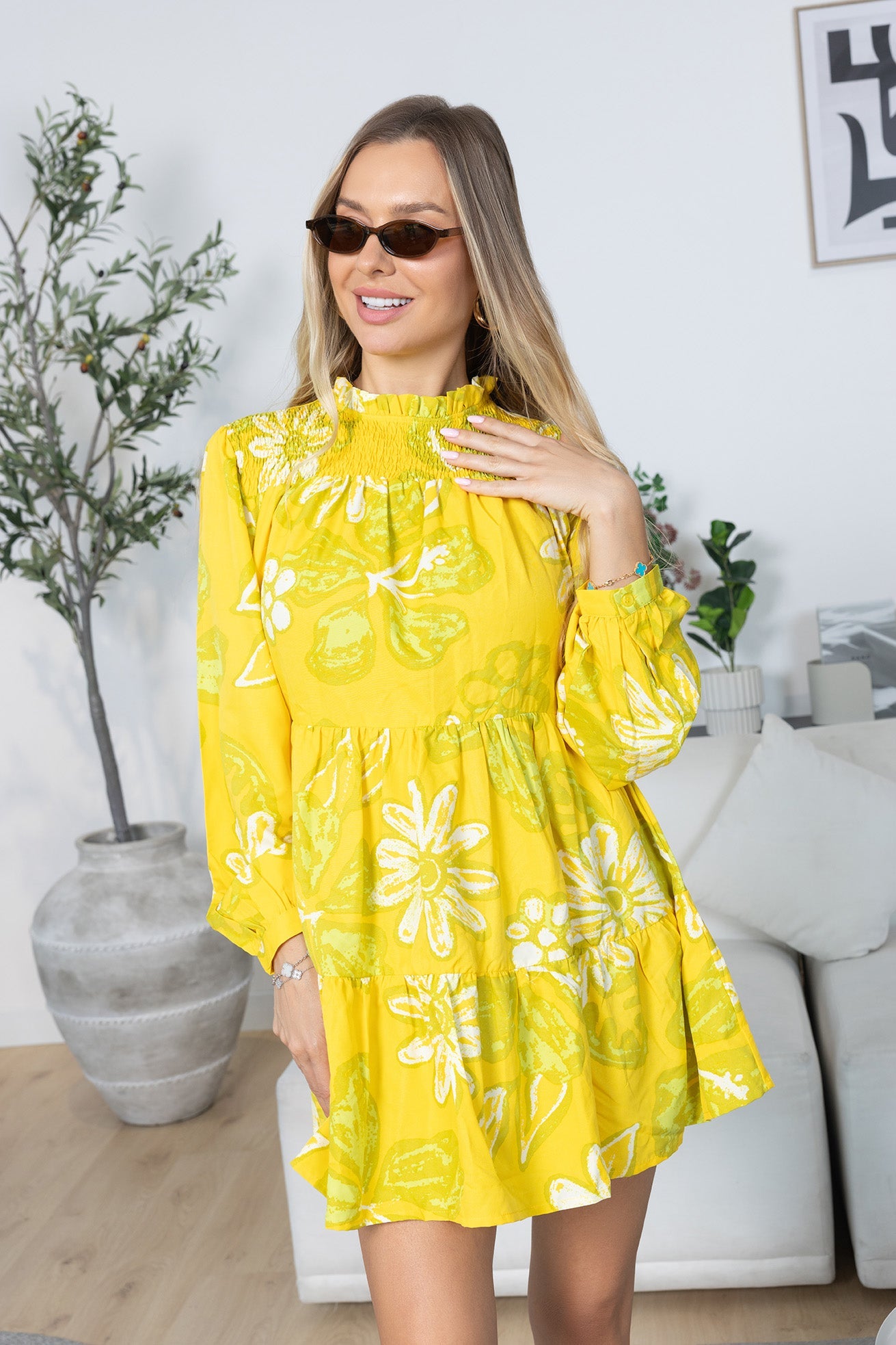Wild Sienna Ruffle Dress in Yellow Floral print