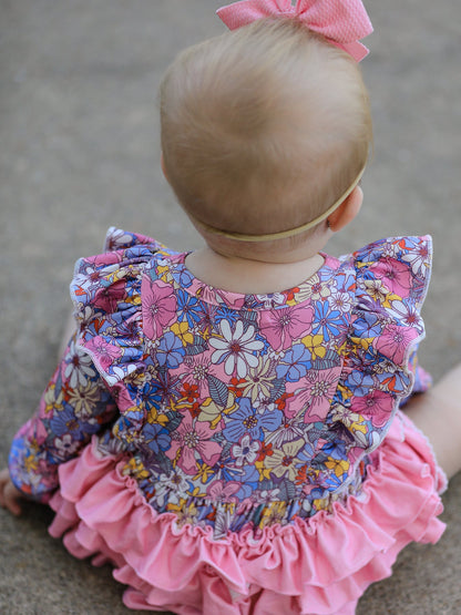Fall Vintage Floral Print Girls Long Sleeve Romper