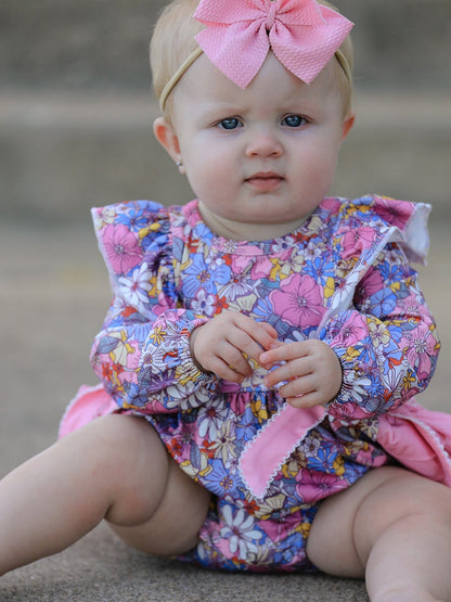 Fall Vintage Floral Print Girls Long Sleeve Romper
