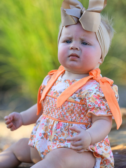 Peach Bow Smocked Floral Baby Bubble