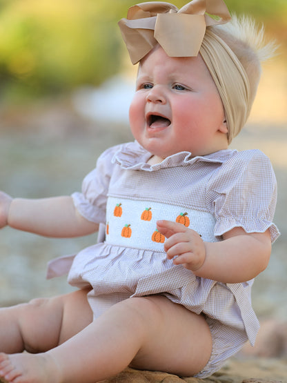 Fall Halloween & Thanksgiving Pumpkin Embroidery Smock Plaid Baby Girl Romper