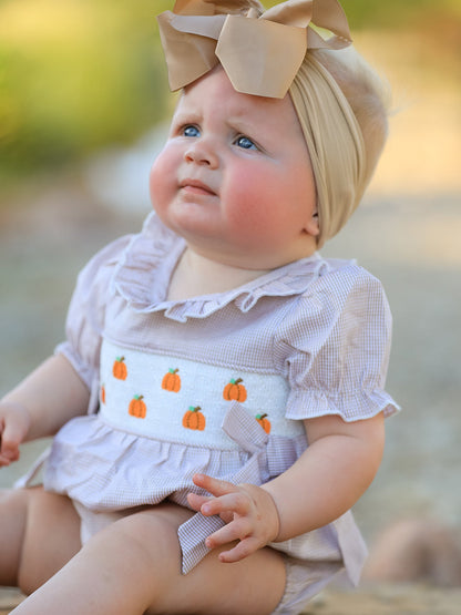 Fall Halloween & Thanksgiving Pumpkin Embroidery Smock Plaid Baby Girl Romper