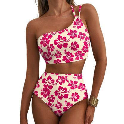 One-Shoulder Floral High-Waisted Bikini Set – Belly-Cinching Two-Piece Swimsuit
