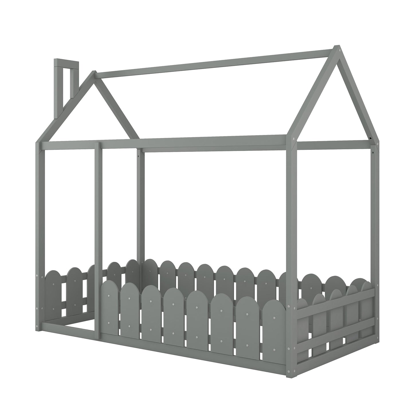 {Slats are not included}Twin Size Wood Bed House Bed Frame with Fence for Kids Teens Girls Boys {Gray}