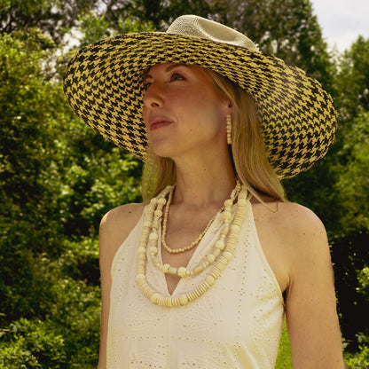 HOUNDSTOOTH LARGE BRIM TOQUILLA STRAW HAT