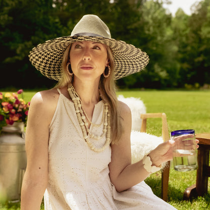 HOUNDSTOOTH LARGE BRIM TOQUILLA STRAW HAT