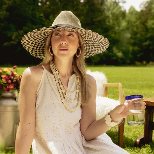 HOUNDSTOOTH LARGE BRIM TOQUILLA STRAW HAT
