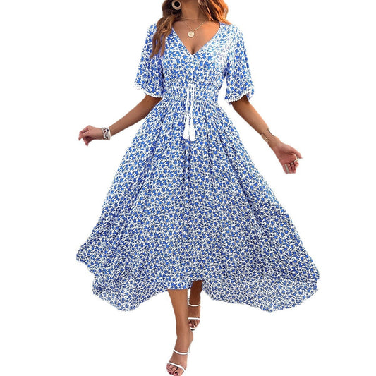Spring/Summer Women's V-neck High Waist Elegant Printed Dress